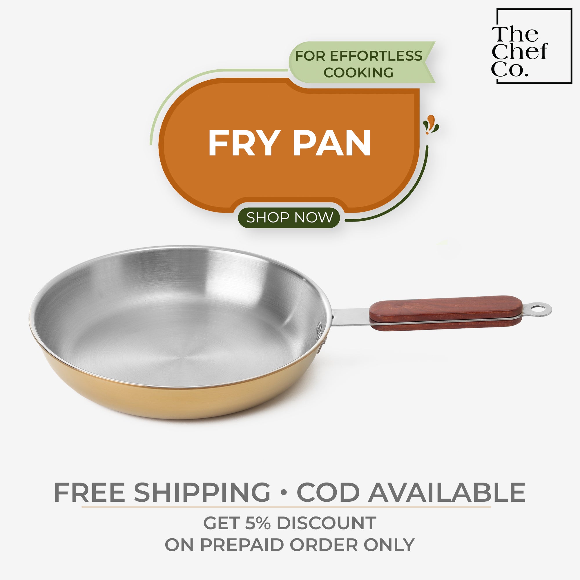 Gold PVD Coated Stainless Steel Triply Fry pan with Wooden handle