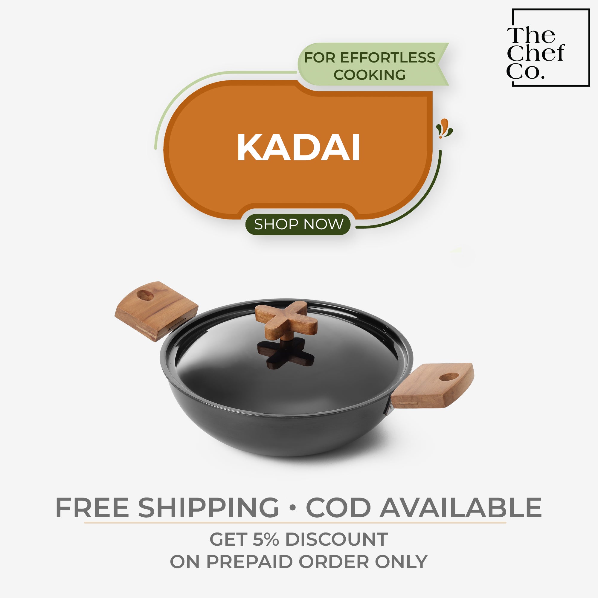 Black PVD Coated Stainless Steel Triply Kadhai with Wooden handle