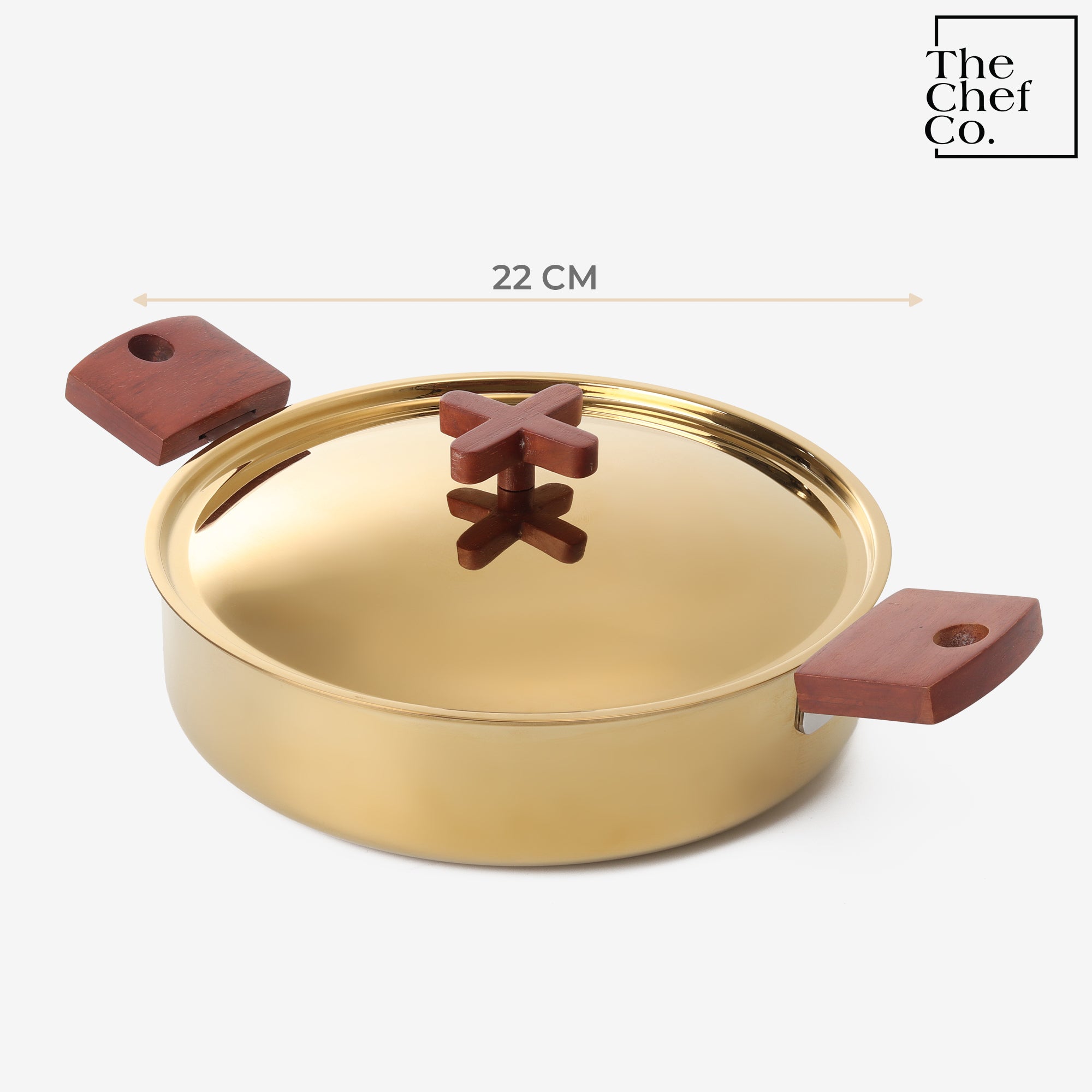 Gold PVD Coated Stainless Steel Triply Kadhai with Wooden handle