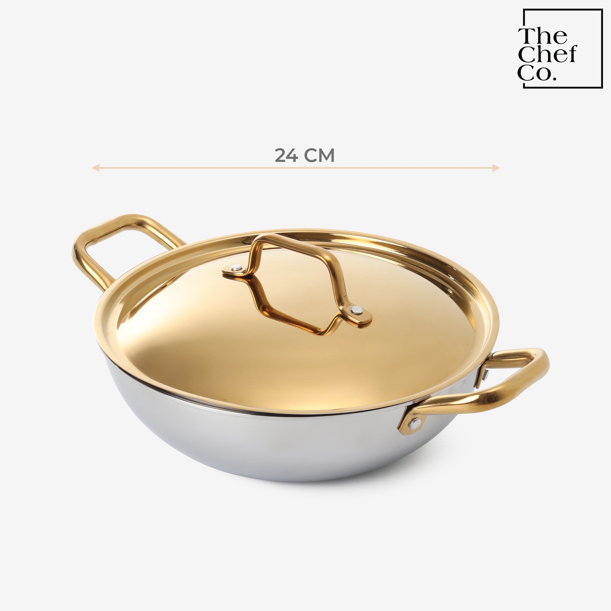 Gold PVD Coated Stainless Steel Triply Kadhai with SS pipe handle